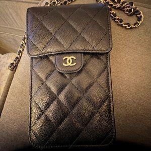 Authentic CHANEL Matelasse Black Caviar Phone Holder with Card Wallet